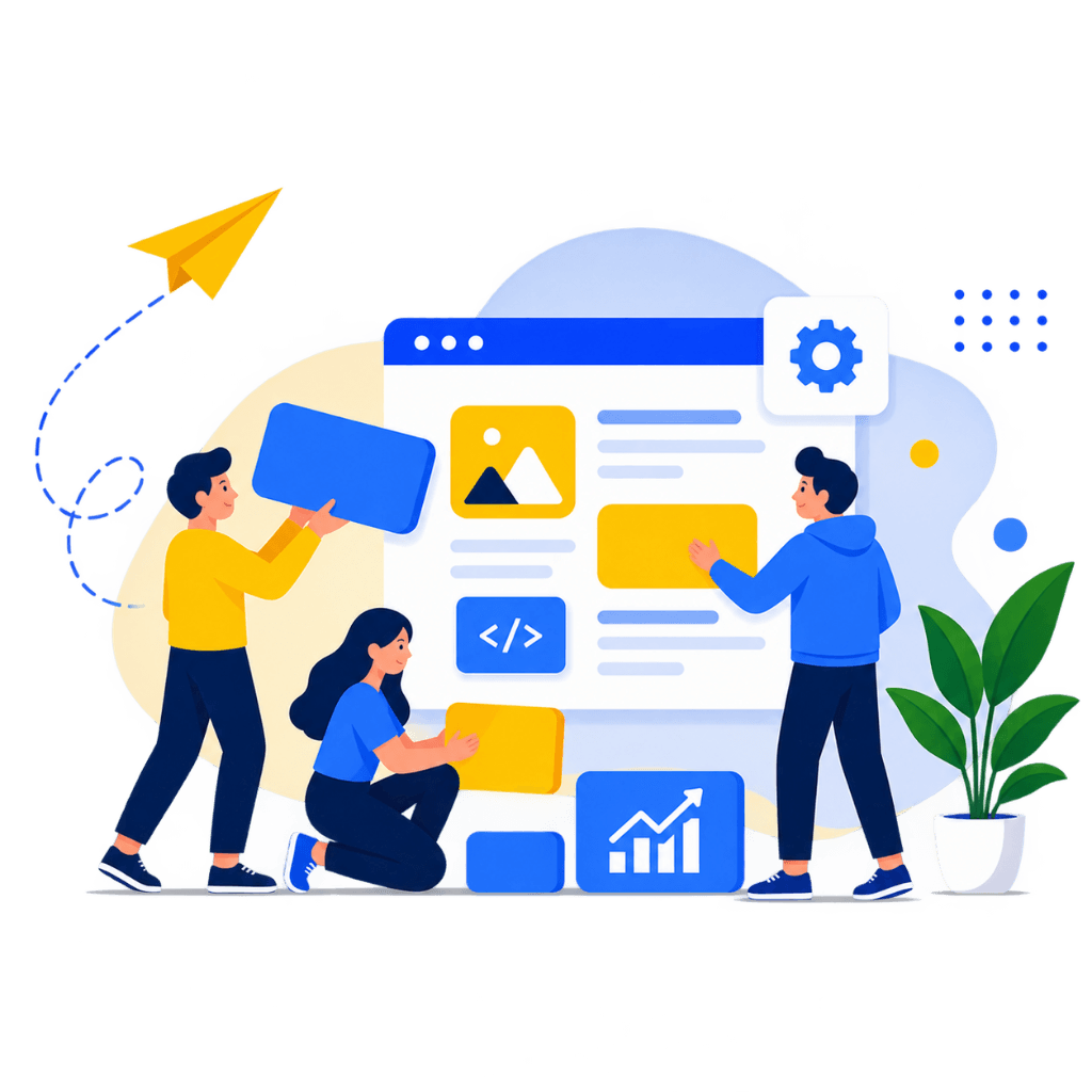 Illustration of a team assembling a website together